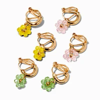 Gold-tone Beaded Flowers Clip-On Hoop Earrings - 3 Pack