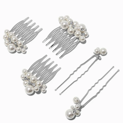 Silver-tone Pearl Hair Combs & Pins - 5 Pack