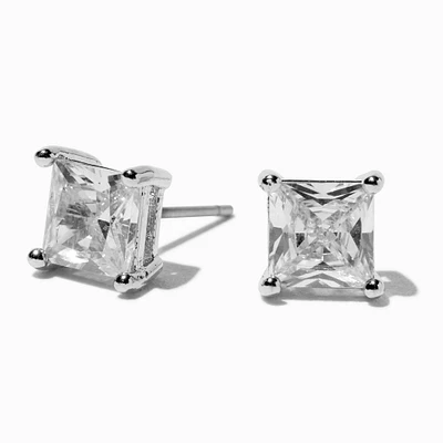 Silver Cubic Zirconia Square Stud Earrings - 6MM