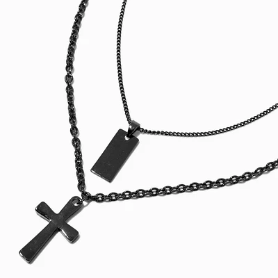 Hematite-tone Cross & Tag Necklace Set - 2 Pack