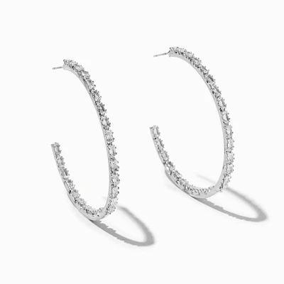 Silver Cubic Zirconia Baguette 50MM Hoop Earrings