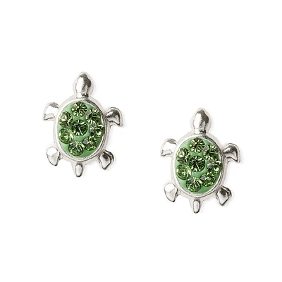 Sterling Silver Green Crystal Turtle Stud Earrings