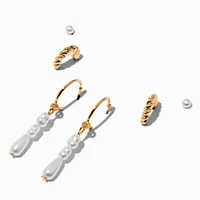Triple Pearl Drop Gold-tone Earring Stackables Set - 3 Pack