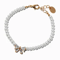 Cubic Zirconia Bow & Pearl Gold-tone Chain Bracelet