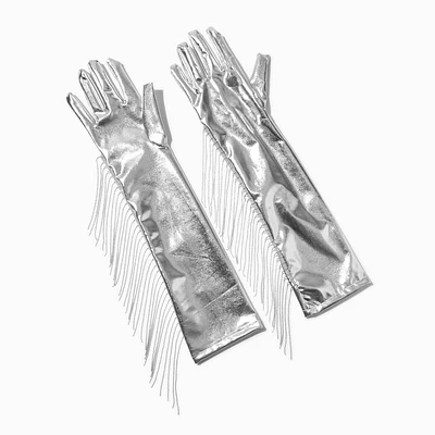 Silver Metallic Fringed Long Gloves