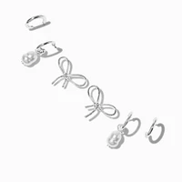 Silver-tone Knot Bow Pearl Earring Stackables Set - 3 Pack