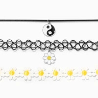 Black Yin Yang & Daisy Choker Necklaces - 3 Pack