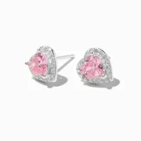 Sterling Silver Pink Halo Heart Stud Earrings