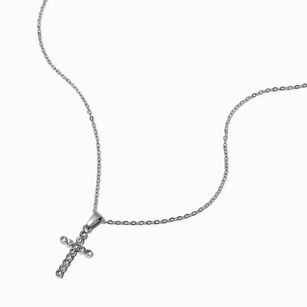 Stainless Steel Pavé Cross Silver-tone Pendant Necklace