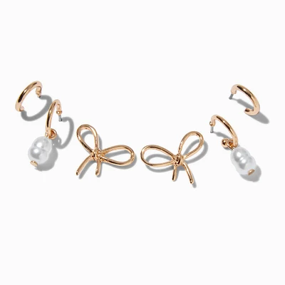 Gold-tone Knot Bow Pearl Earring Stackables Set - 3 Pack