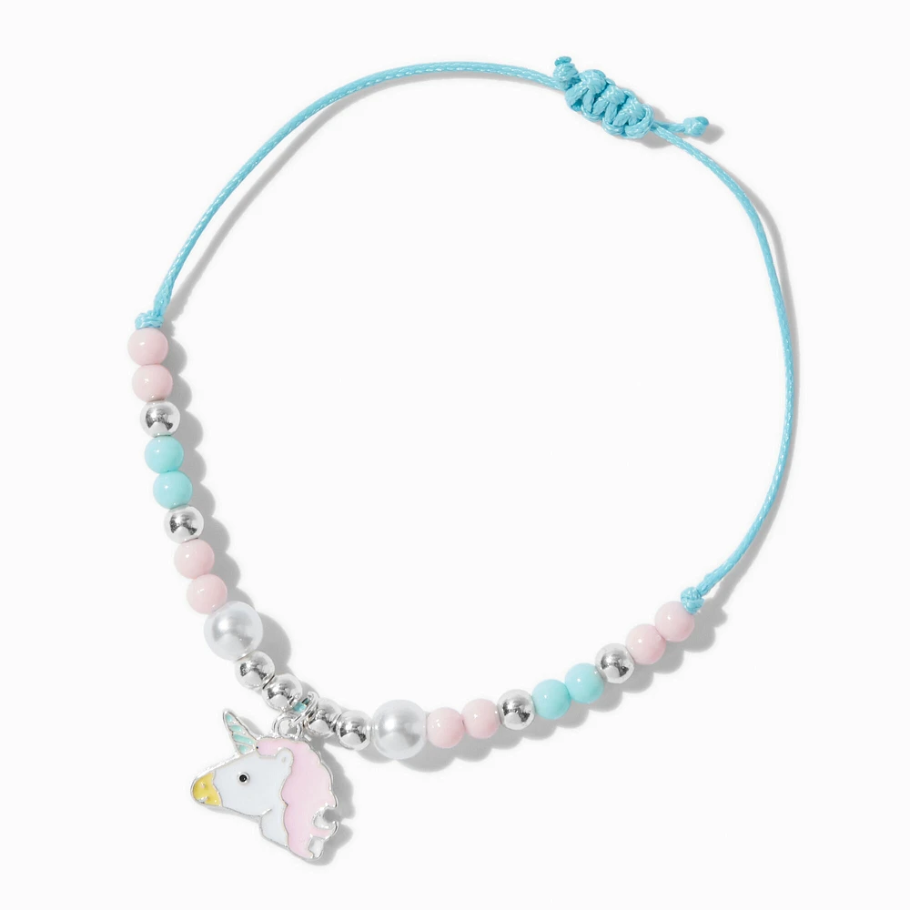 Silver-tone Unicorn Blue Beaded Adjustable Bracelet