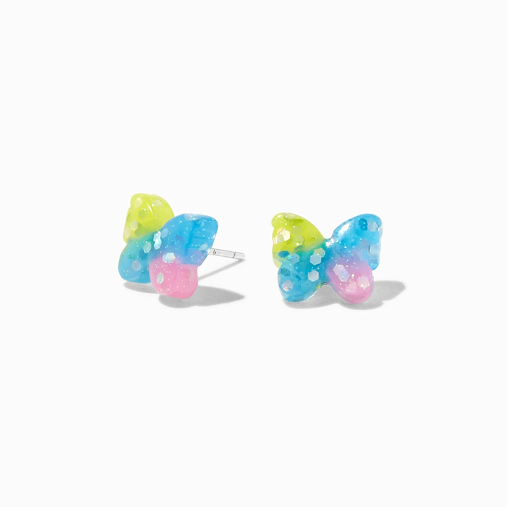 Pastel Glitter Glow in the Dark Butterfly Sterling Silver Post Stud Earrings