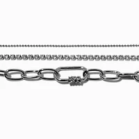 Silver-tone Carabiner Lock & Crystal Chain Bracelet Set - 3 Pack