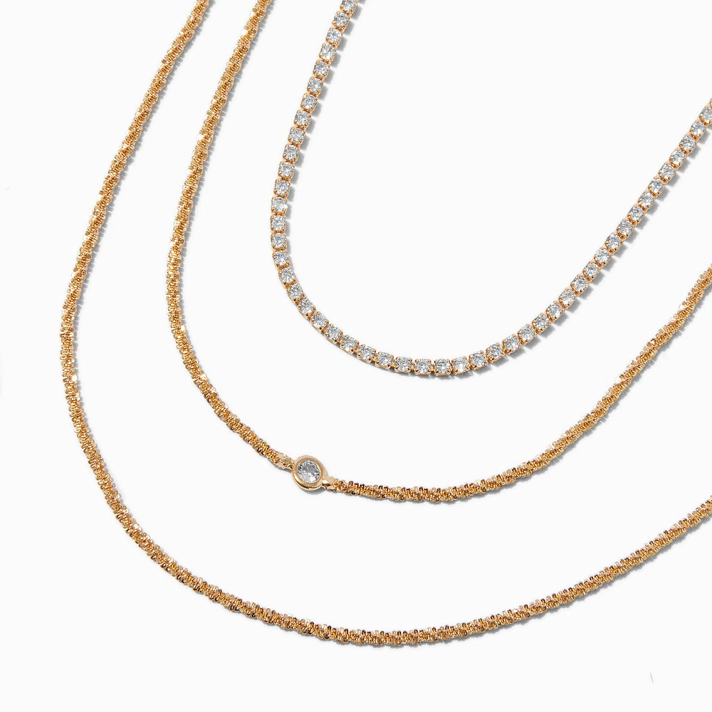 Gold-tone Cubic Zirconia Bezel Laser Multi-Strand Chain Necklace