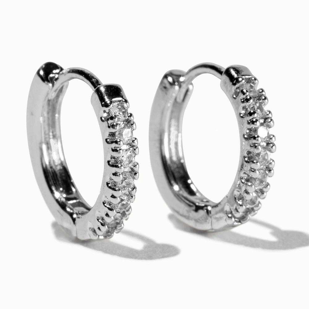 Silver 10MM Cubic Zirconia Stacked Huggie Hoop Earrings