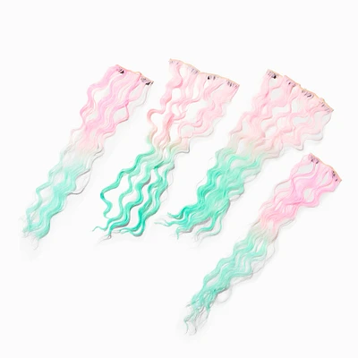 Pink & Mint Ombre Curly Faux Hair Clip In Extensions - 4 Pack