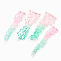 Pink & Mint Ombre Curly Faux Hair Clip In Extensions - 4 Pack