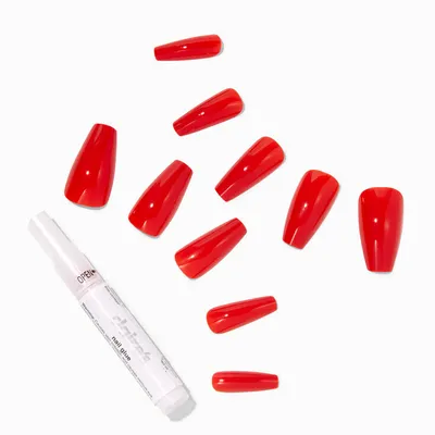 Glossy Red Squareletto Vegan Faux Nail Set -24 Pack