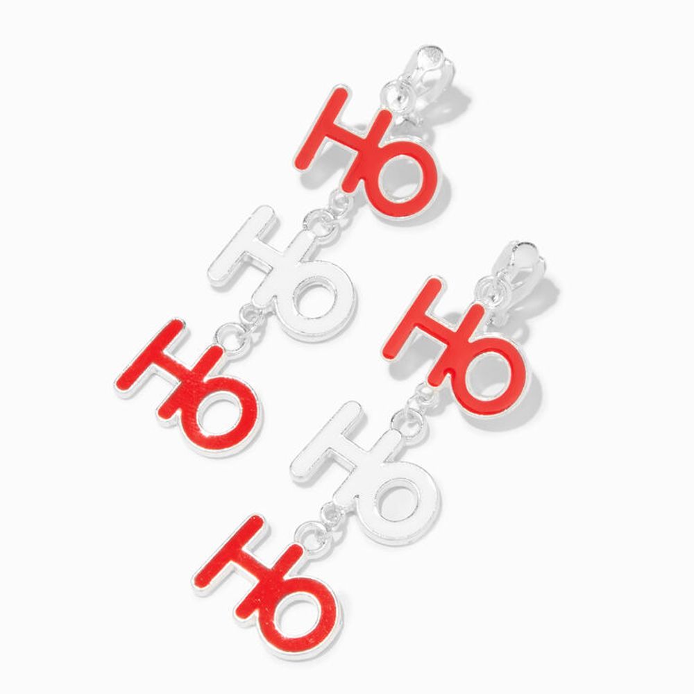 Christmas Ho Ho Ho Silver 2" Linear Clip-On Drop Earrings