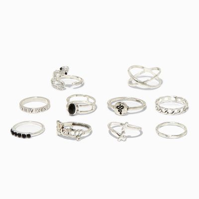 Silver & Black Mixed Snake Rings - 10 Pack
