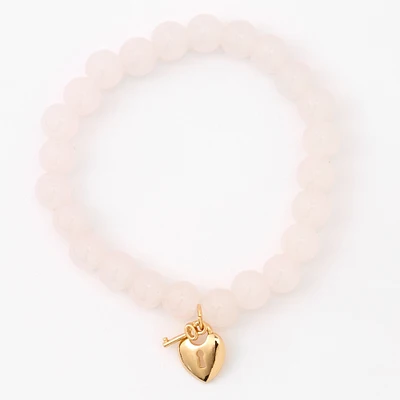 Gold Heart Lock & Key Blush Pink Beaded Stretch Bracelet