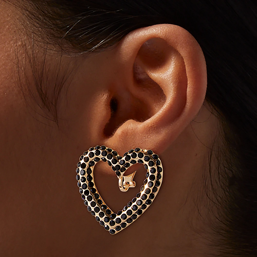 Black Rhinestone Large Heart Clip-On Stud Earrings