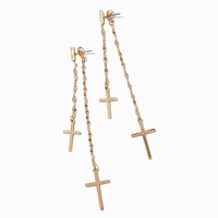 Gold-tone Cross Tinsel Chain Front & Back Drop Earrings