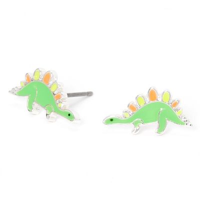 Silver Dinosaur Stud Earrings - Green