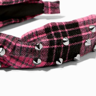 Silver Studded Pink Plaid Knotted Headband