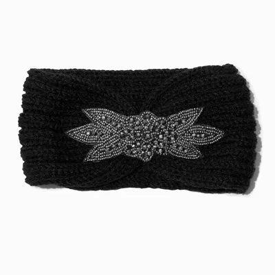 Black Sweater Knit Beaded Headwrap