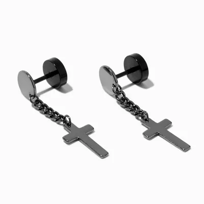 Black Cross Drop Faux Ear Plug Earrings