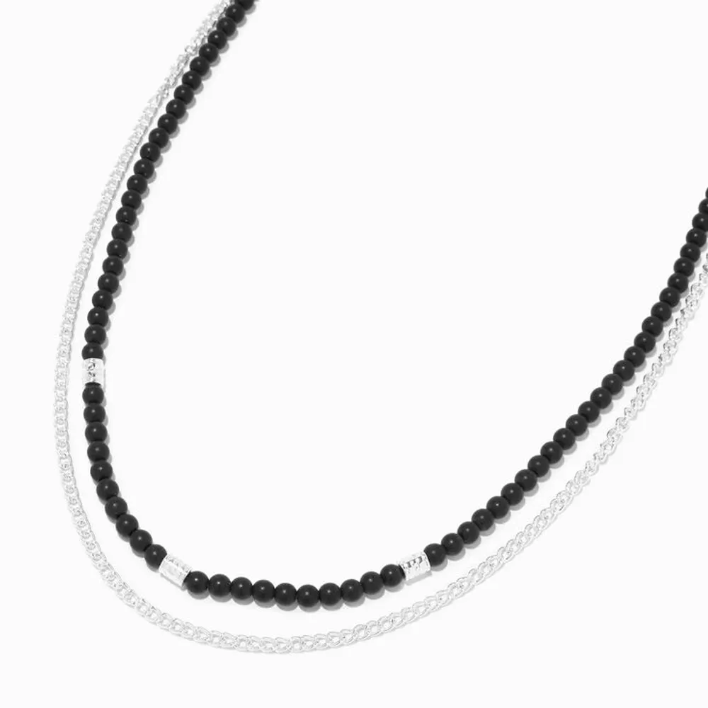 Silver Curb Chain & Black Beaded Multi-Strand Necklace