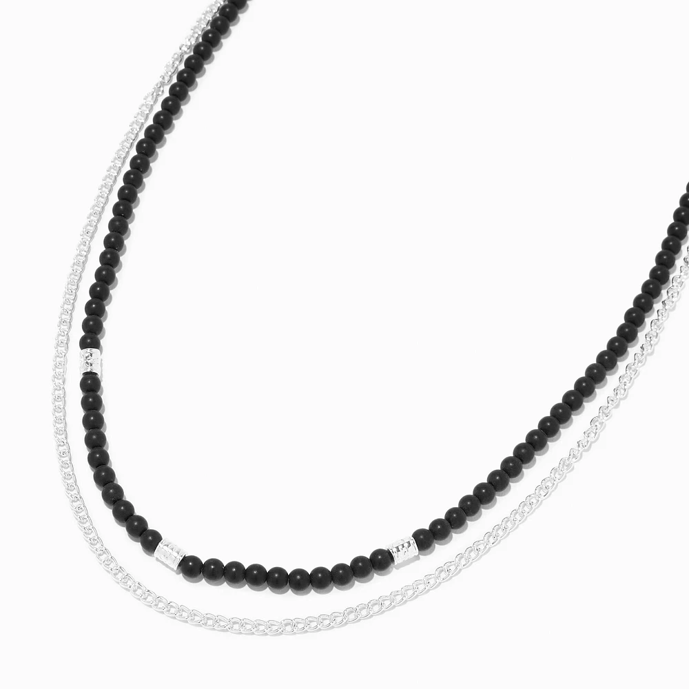 Silver Curb Chain & Black Beaded Multi-Strand Necklace