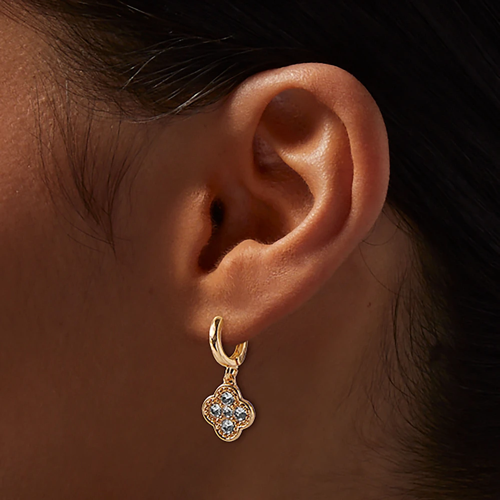 Gold-tone Crystal Clover 12mm Hoop Earrings
