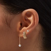 Gold-tone Pearl Threader Hoop Earrings Stackables Set - 3 Pack