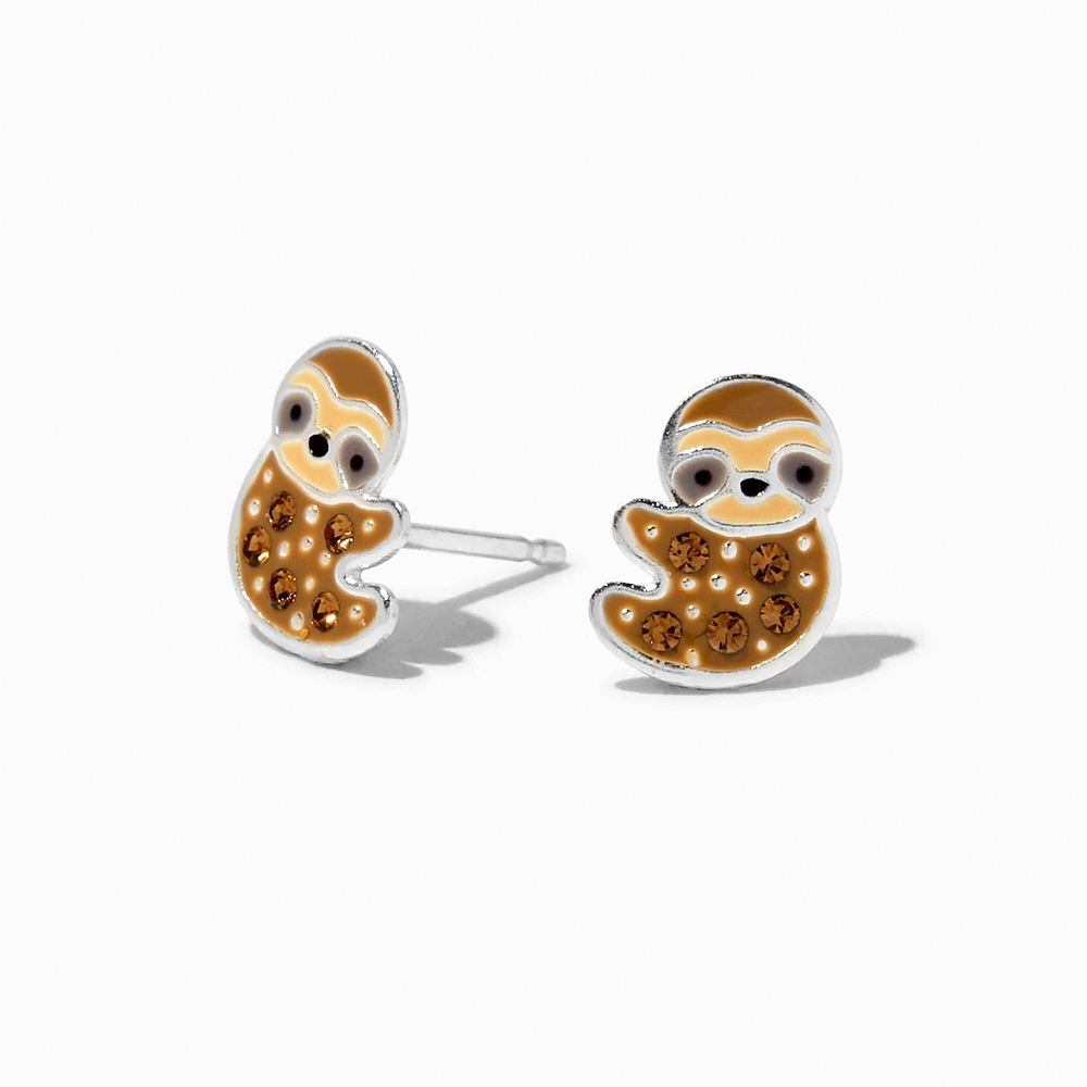 Sterling Silver Crystal Sloth Stud Earrings