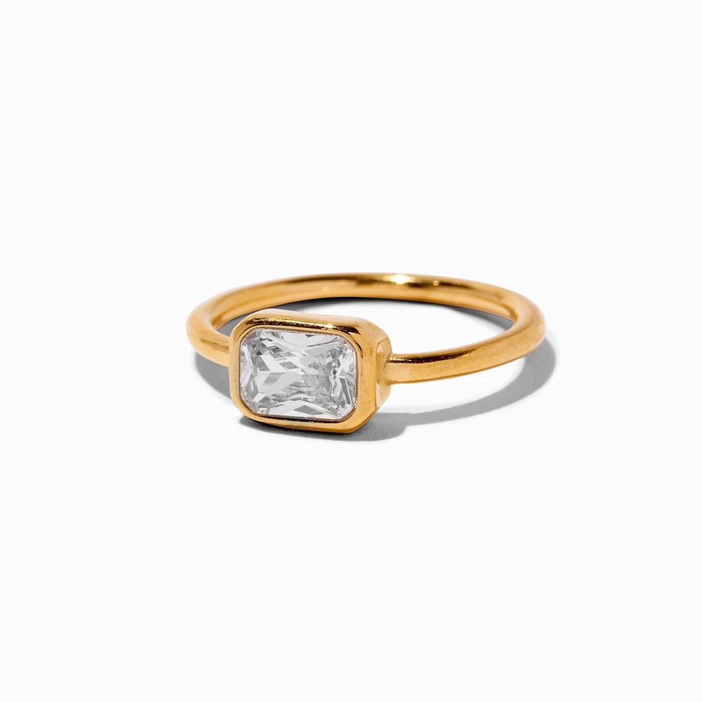 Gold-tone Stainless Steel Rectangular Crystal Solitaire Ring