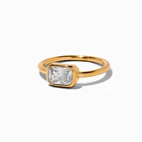 Gold-tone Stainless Steel Rectangular Crystal Solitaire Ring