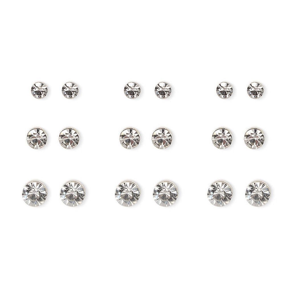Silver Graduated Crystal Bezel Stud Earrings - 9 Pack