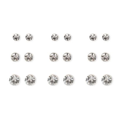 Silver Graduated Crystal Bezel Stud Earrings - 9 Pack