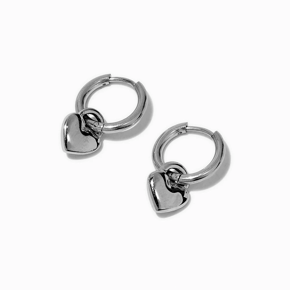 Silver-tone Stainless Steel Heart Dangle Hoop Earrings