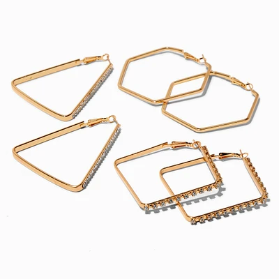 Gold-tone Crystal Geometric Hoop Earrings - 3 Pack