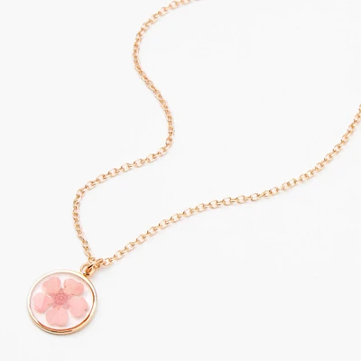 Gold-tone Framed Pink Flower Pendant Necklace