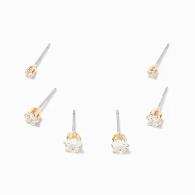 Gold Cubic Zirconia 2MM, 3MM, & 4MM Round Stud Earrings - 3 Pack