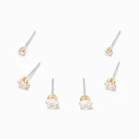 Gold Cubic Zirconia 2MM, 3MM, & 4MM Round Stud Earrings - 3 Pack