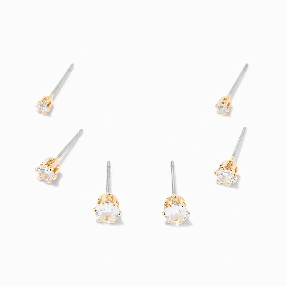 Gold-tone Cubic Zirconia 2mm, 3mm, & 4mm Round Stud Earrings