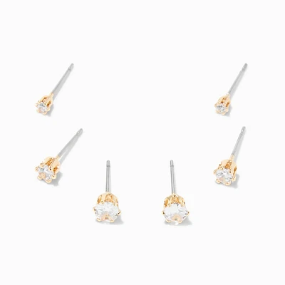 Gold-tone Cubic Zirconia 2mm, 3mm, & 4mm Round Stud Earrings