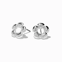 Silver-tone Puffy Flower Stud Earrings