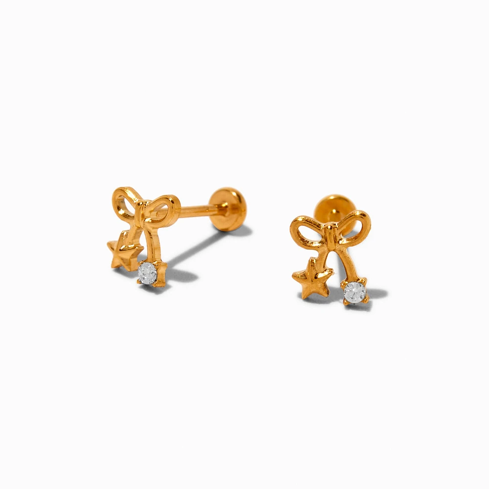 Gold-tone Titanium Cubic Zirconia Bow Stud Flatback Earrings