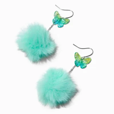 Mint Butterfly Pom 3'' Drop Earrings